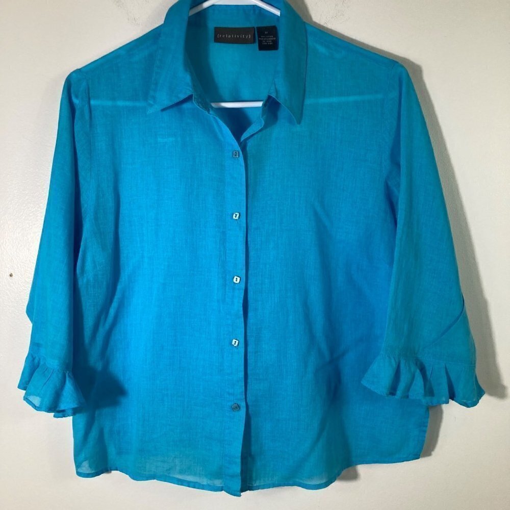 Womens Relativity Button Shirt Sheer Cotton Blue Teal 3/4 Ruffle Sleeve M‎